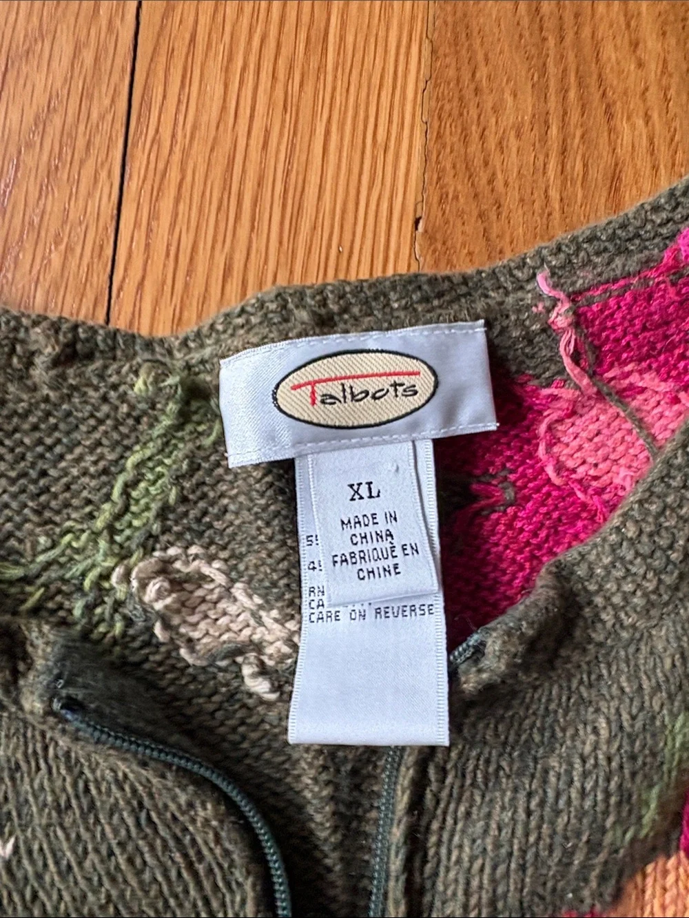 Talbots Olive Green and Hot Pink Floral Knit Cardigan - Picture 2 of 4